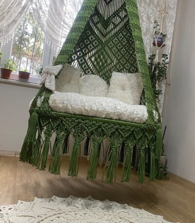 Green white Macrame swing